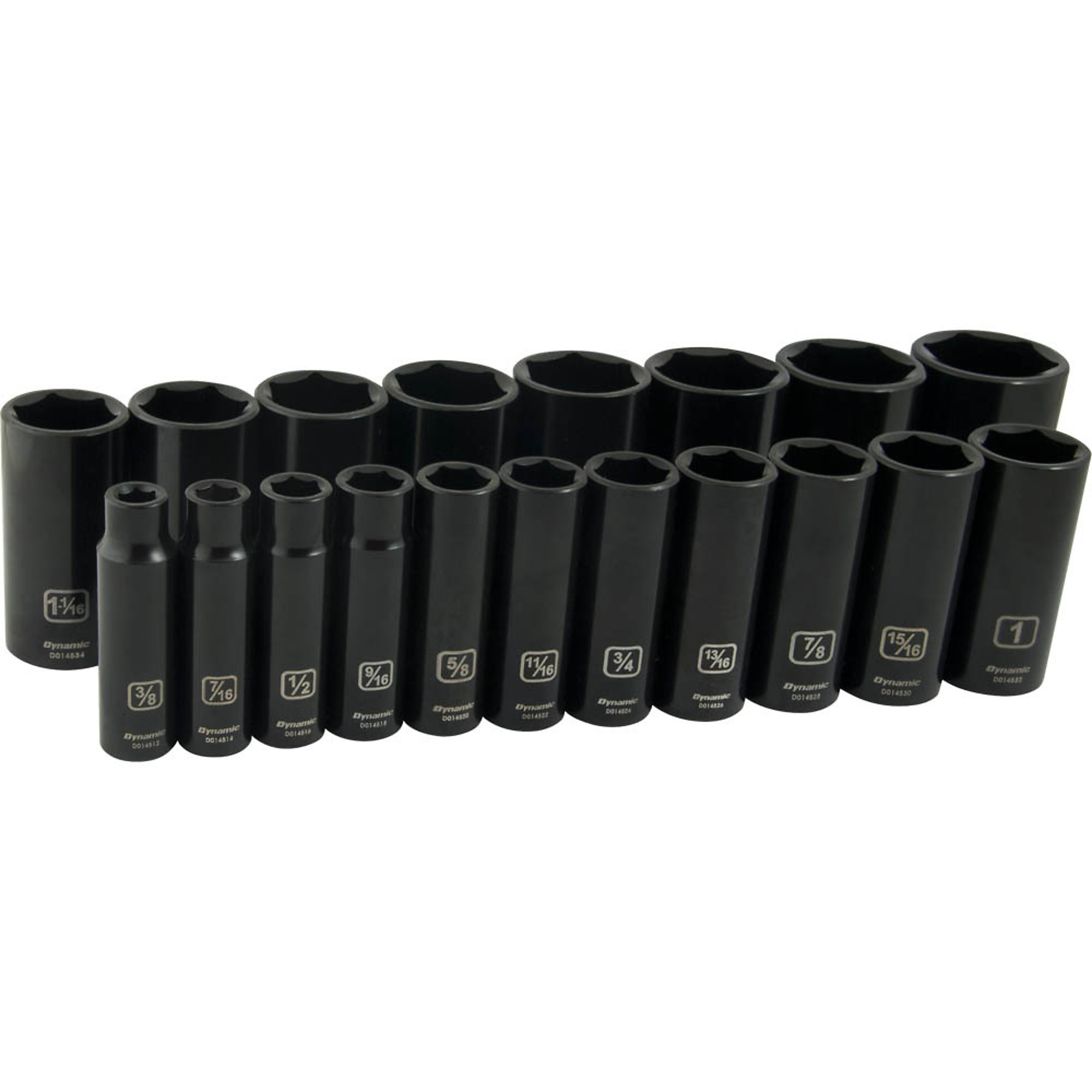 Dynamic Tools, 1/2in. 6 Point Deep SAE Impact Socket Set, Measurement Standard Standard (SAE), Pieces (qty.) 19 Socket Set Type 1/2in. Drive Sets, Model# D018026